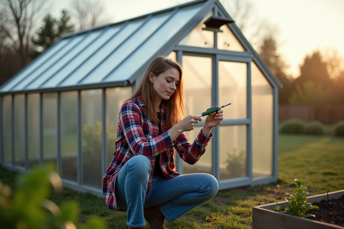 Jeune femme ajustant une ventilation sur une serre