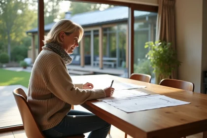 Femme examinant plans pour veranda dans intérieur lumineux
