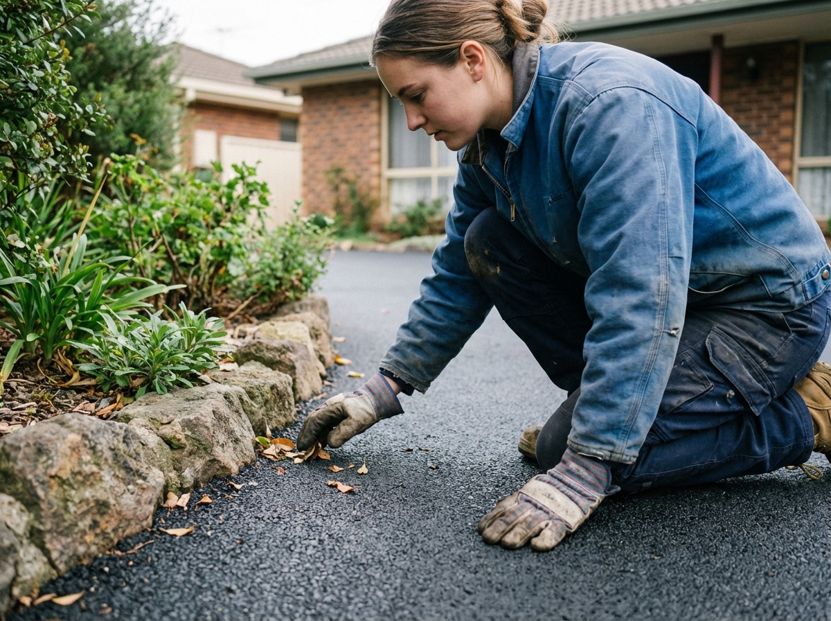 Jeune femme inspectant une allée en bitume fraîche