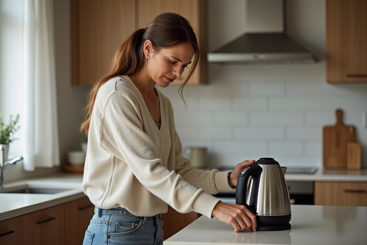 Femme inspectant un bouilloire dans la cuisine