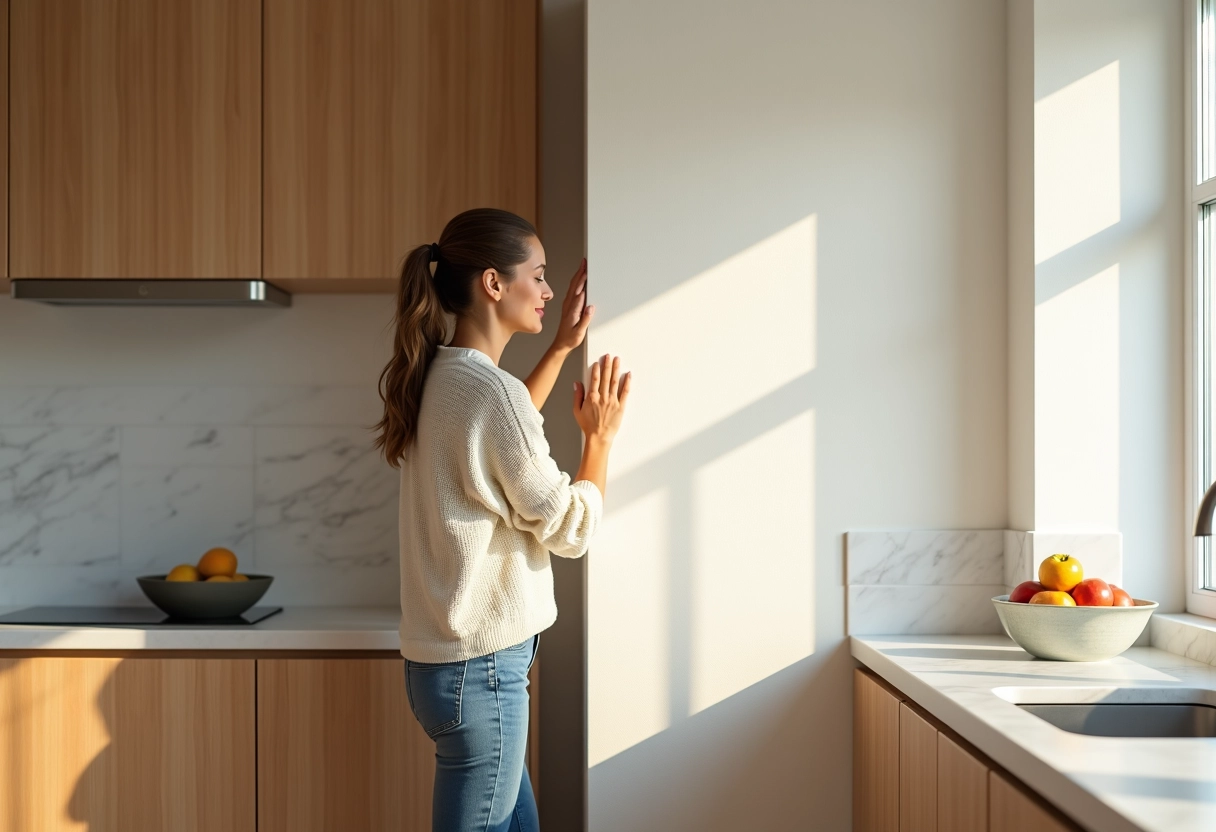 Jeune femme vérifiant un mur lisse dans sa cuisine lumineuse
