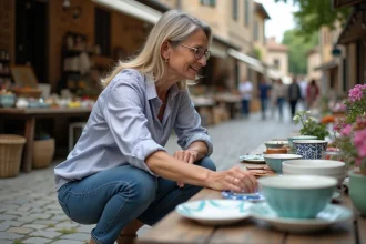 Femme inspectant vaisselle vintage au marché en plein air
