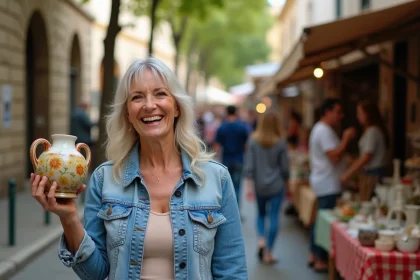 Femme souriante avec vase vintage au marché de quartier