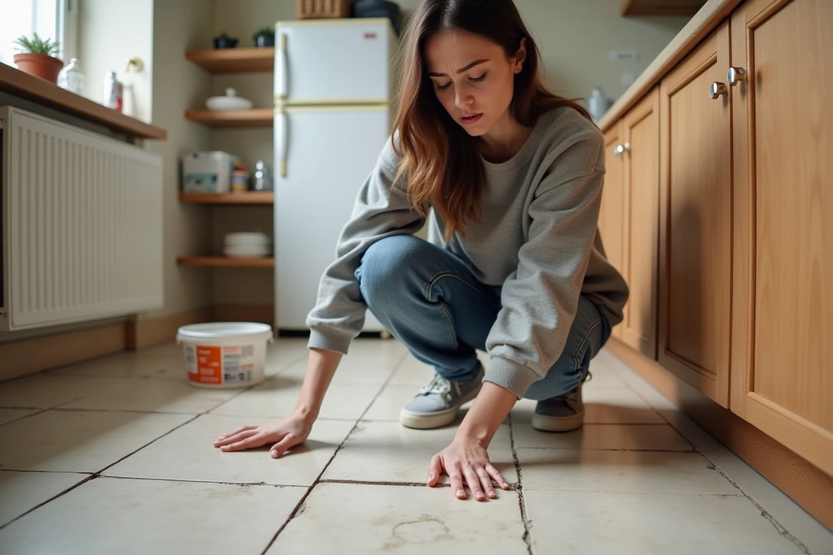 Jeune femme posant des carreaux de céramique dans la cuisine