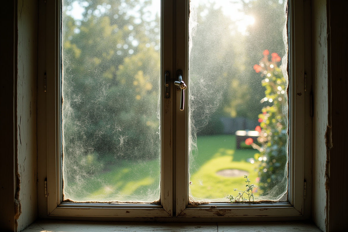 Fenêtre ancienne avec vitrage usé et reflet de jardin
