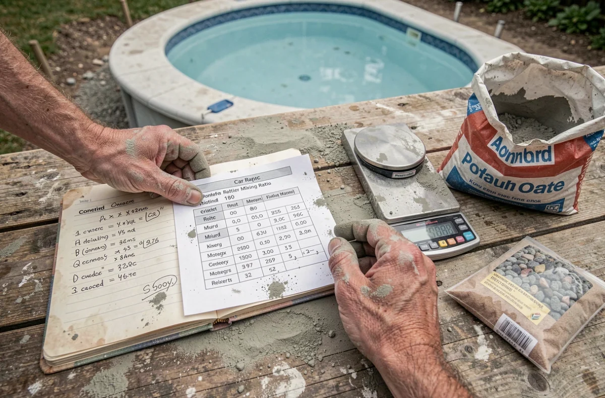 Fiche de dosage béton et matériaux de mélange pour la construction d'une piscine posés sur une table de chantier