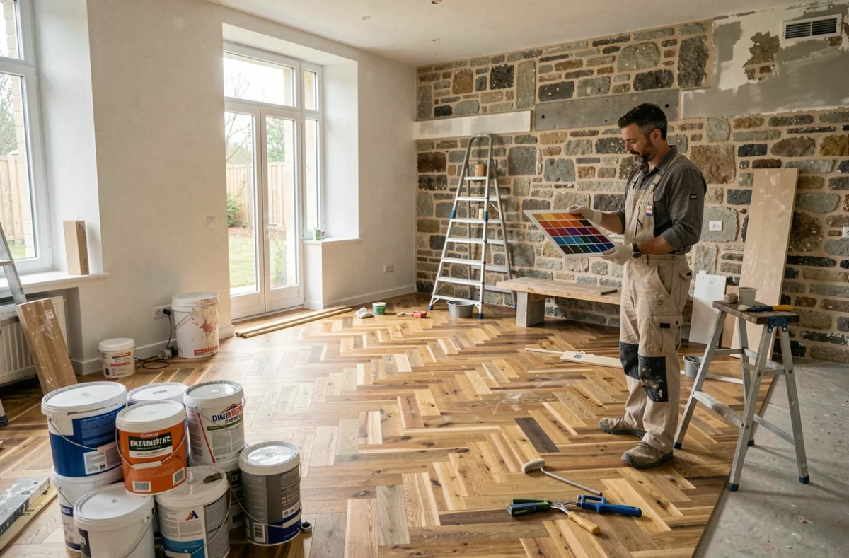 Décorateur de Fred Deco 49 supervisant une rénovation intérieure avec parquet et murs en pierre dans le Maine-et-Loire