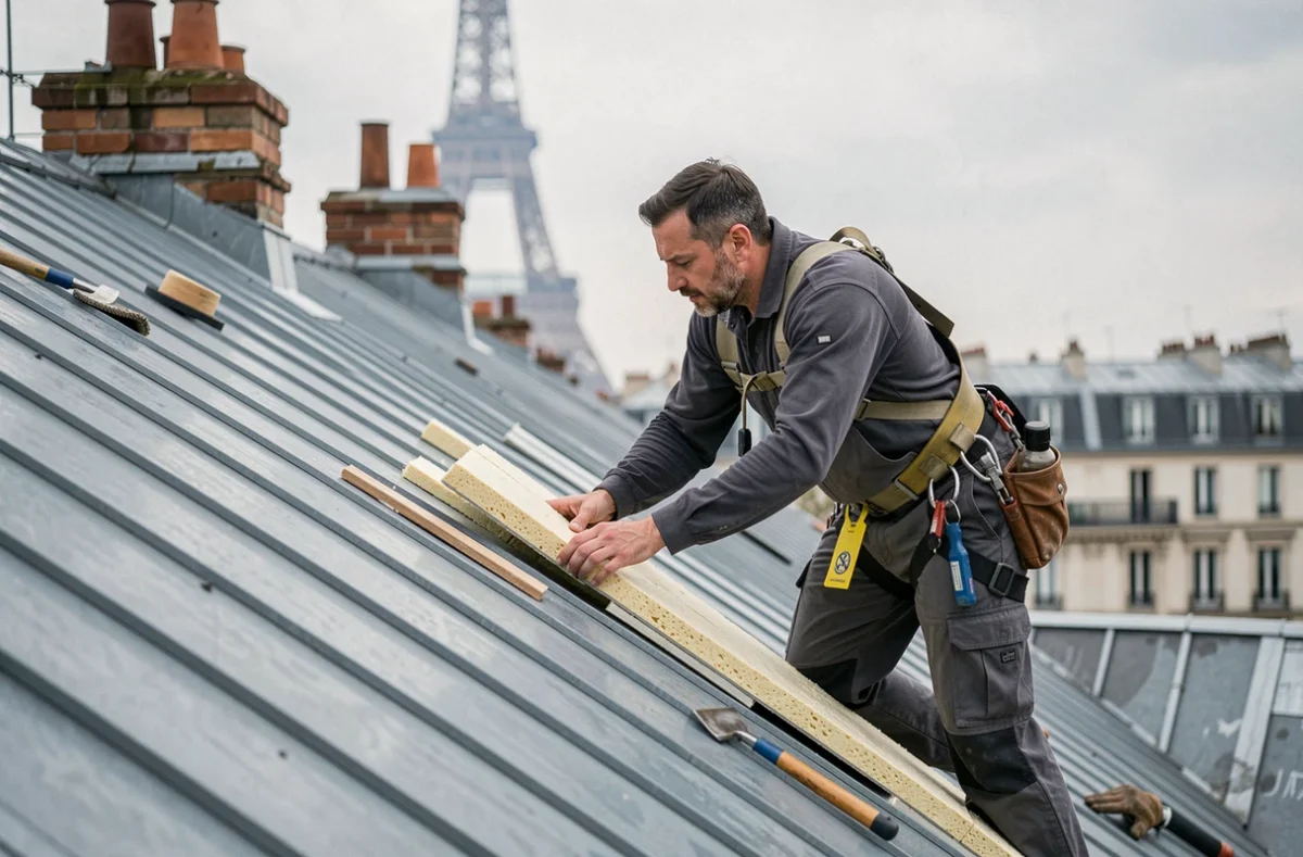 Couvreur isolateur de Gauthier Couverture posant une isolation thermique sous toiture zinc à Paris