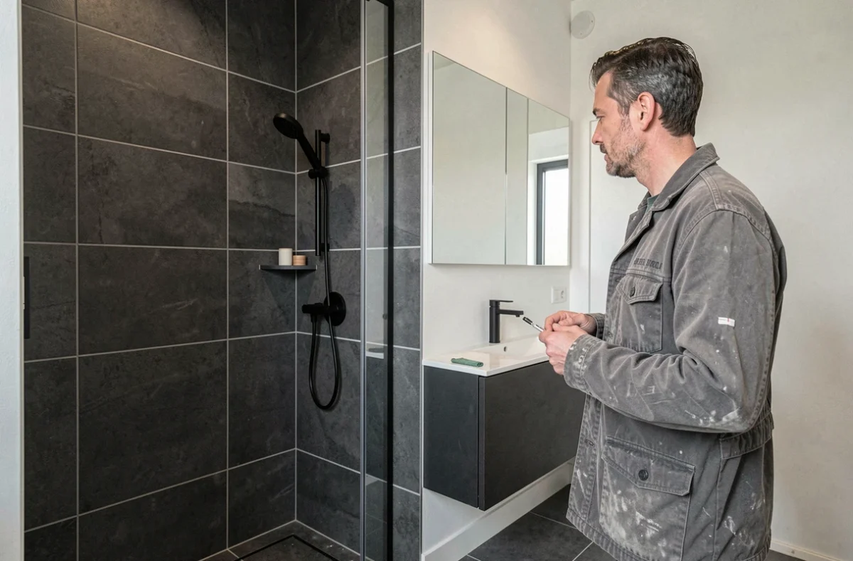 Entrepreneur en rénovation complète de salle de bain présentant un chantier terminé dans le Nord