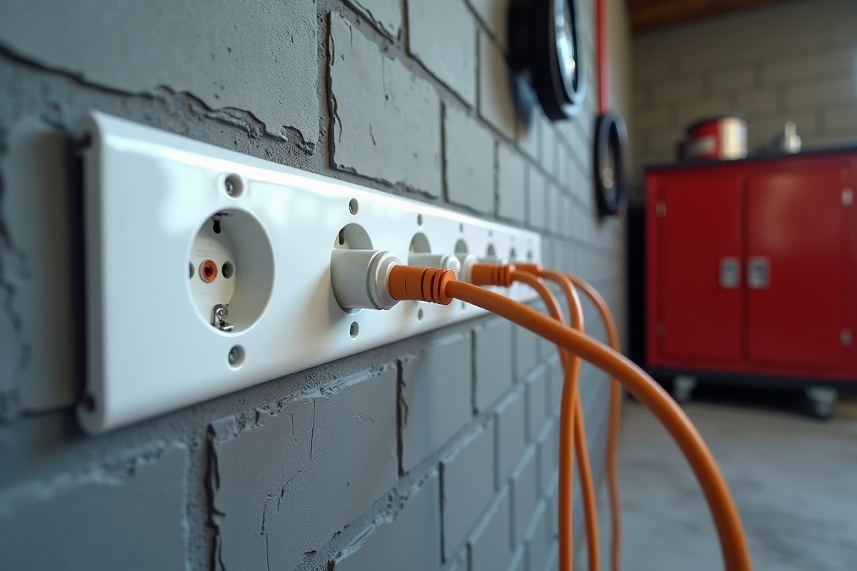 Gros plan sur une goulotte PVC avec prises électriques intégrées montée sur un mur de garage en parpaing