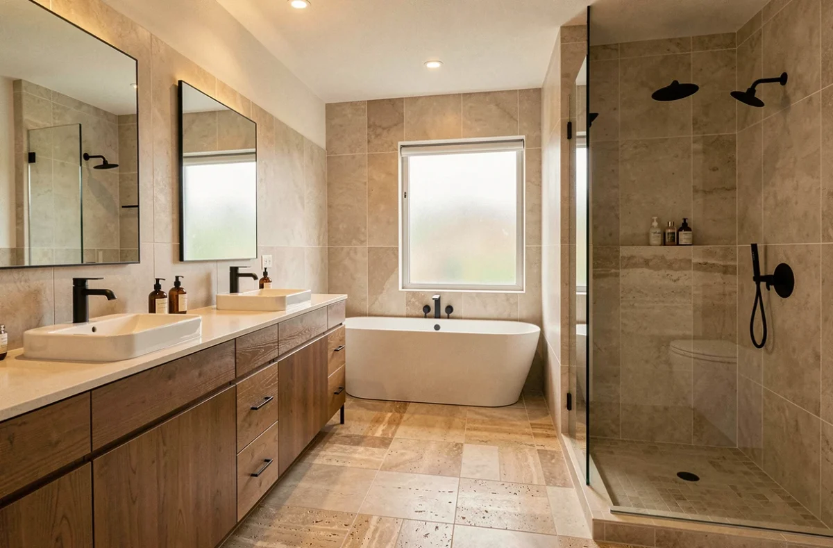 Grande salle de bain bien dimensionnée avec double vasque, baignoire et douche à l'italienne séparée