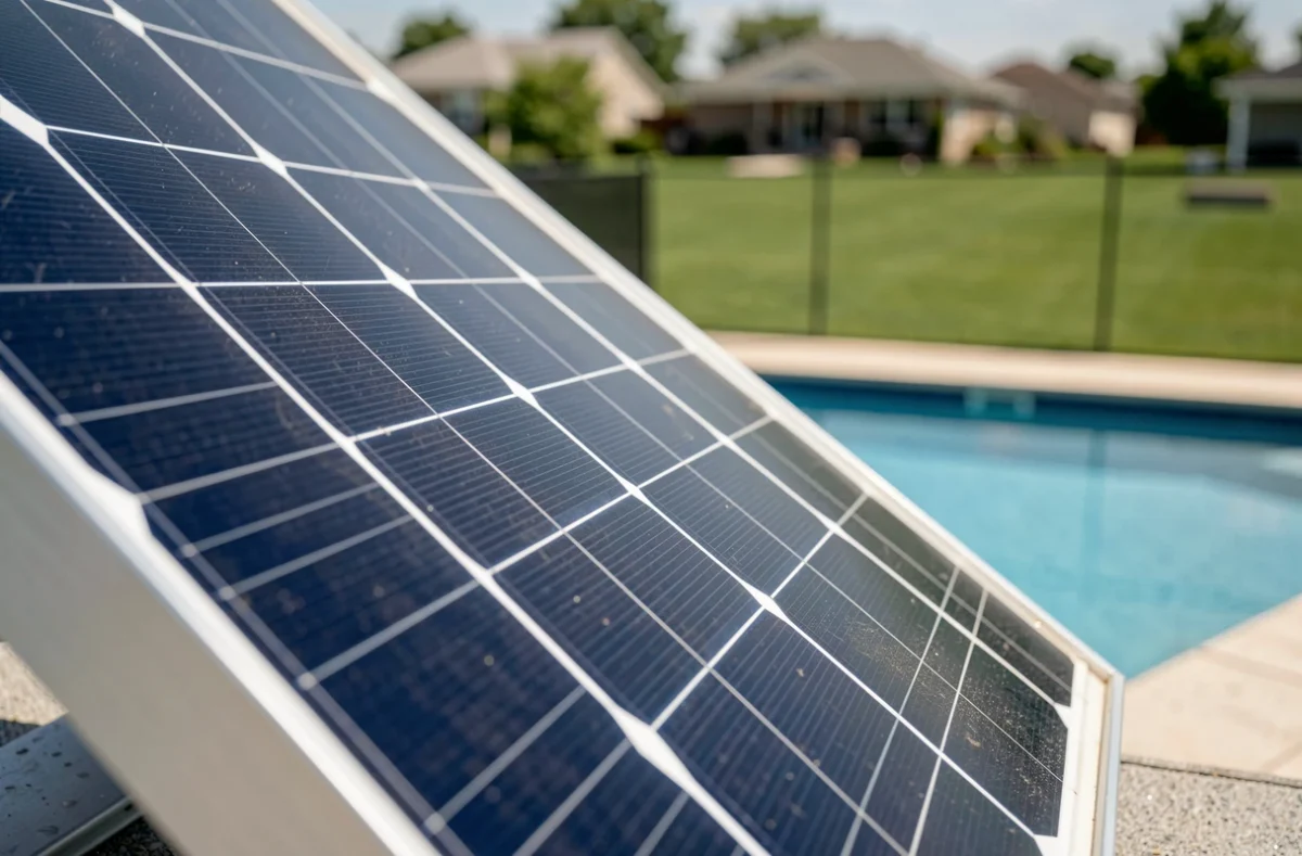 Gros plan sur les cellules photovoltaïques d'un panneau solaire pour piscine résidentielle