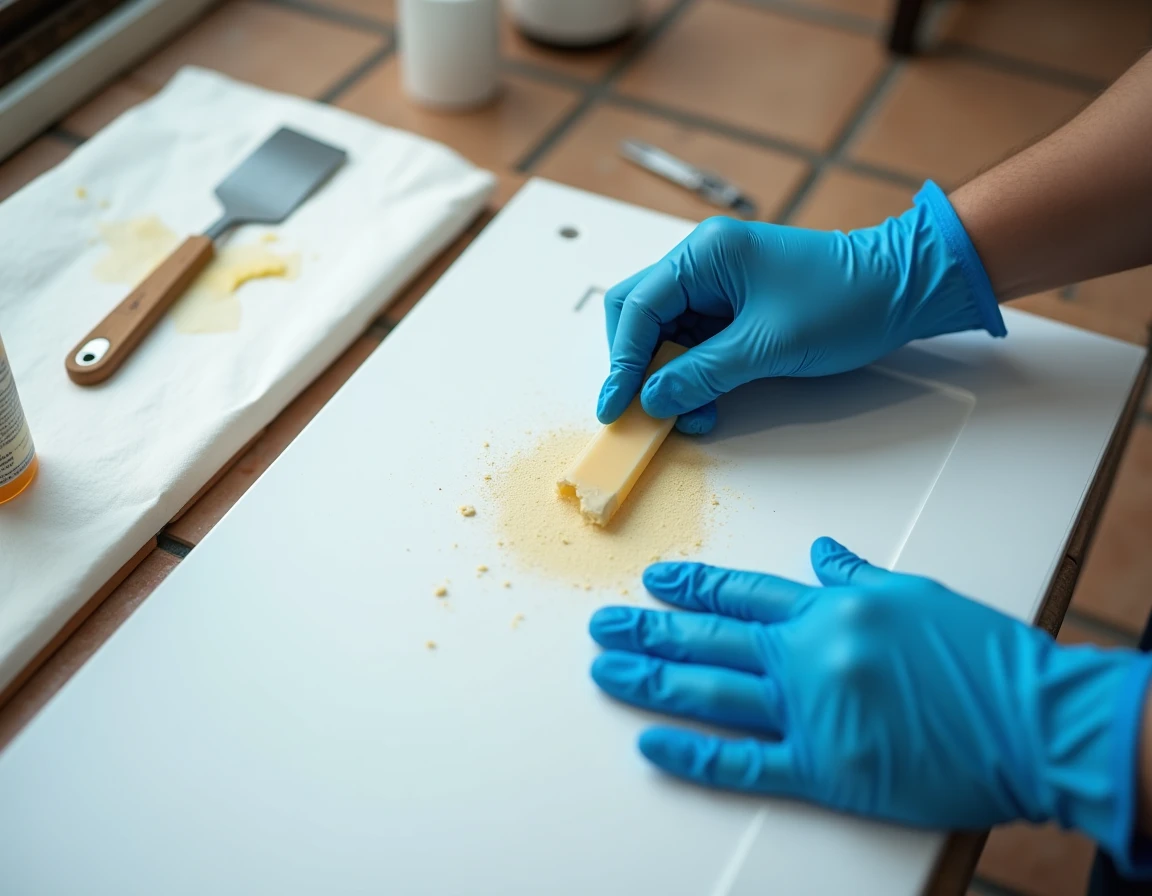 Gros plan sur le retrait d'un résidu de colle séchée sur un profil PVC blanc avec un grattoir et des gants de protection