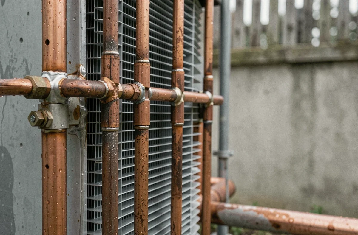 Gros plan sur les tubes en cuivre et les ailettes en aluminium d'un échangeur de pompe à chaleur