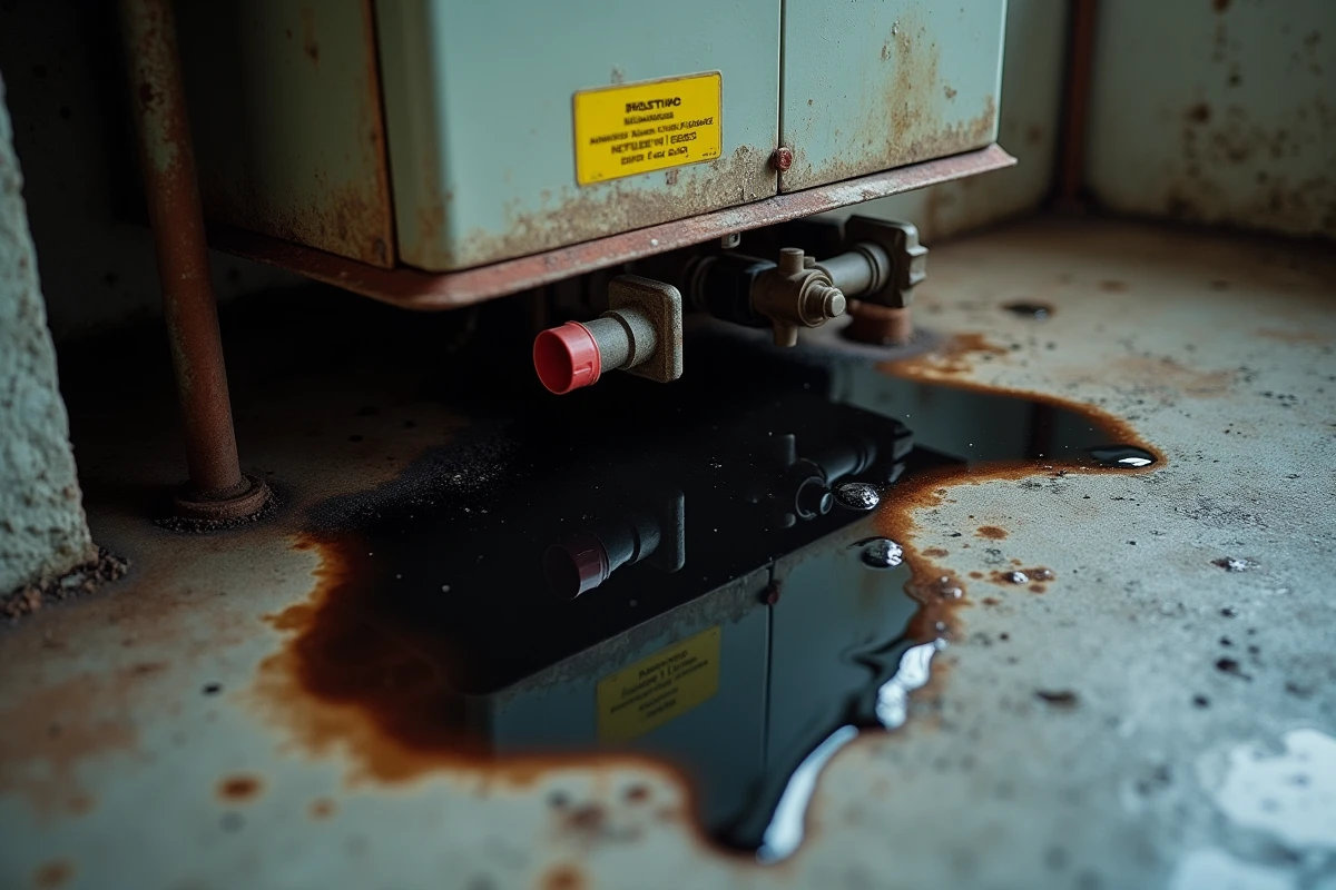 Gros plan sur une fuite de fioul à la base d'une chaudière domestique sur sol en béton