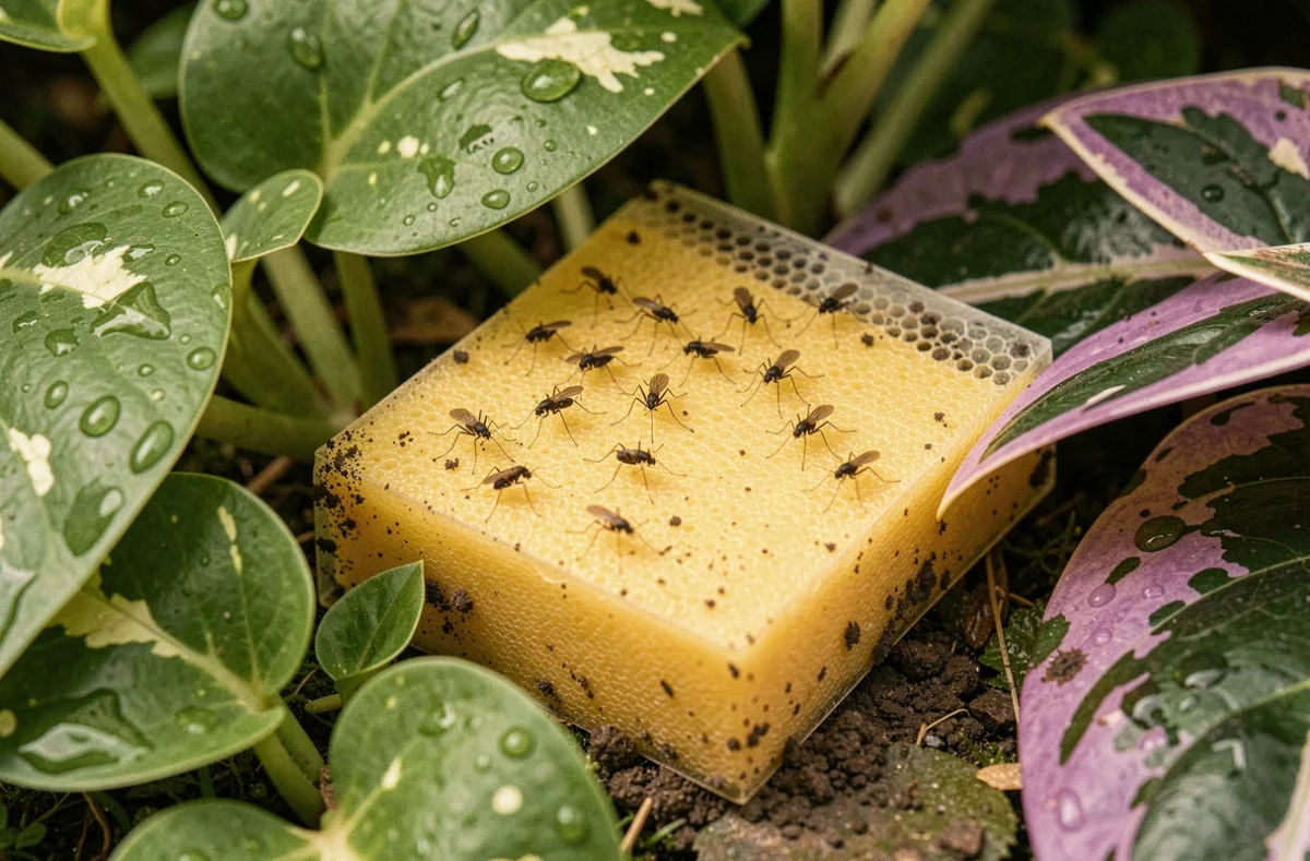 Gros plan sur un piège collant anti-moucherons recouvert d'insectes capturés parmi des plantes tropicales d'intérieur