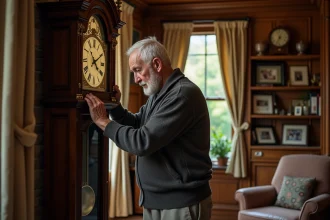 Homme agee polissant une horloge comtoise dans un salon chaleureux