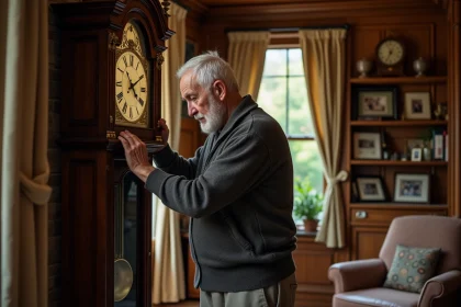Homme agee polissant une horloge comtoise dans un salon chaleureux
