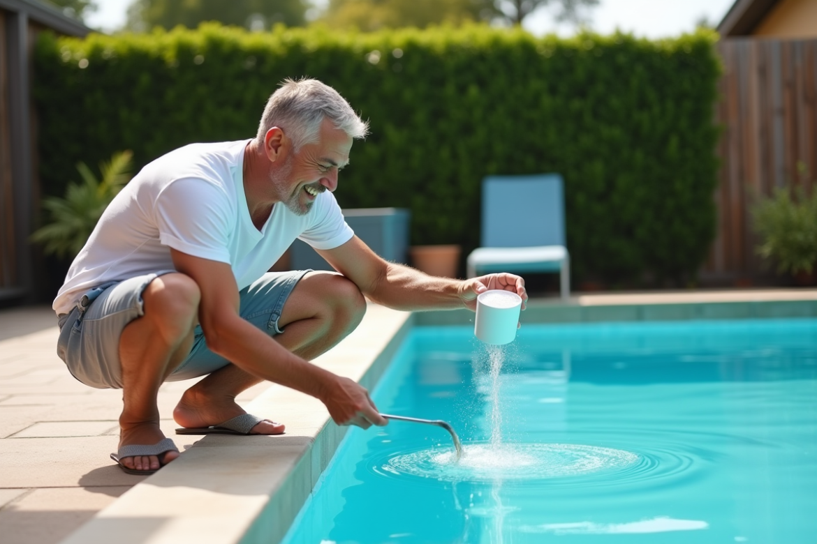 Homme d'âge moyen verse du bicarbonate dans la piscine