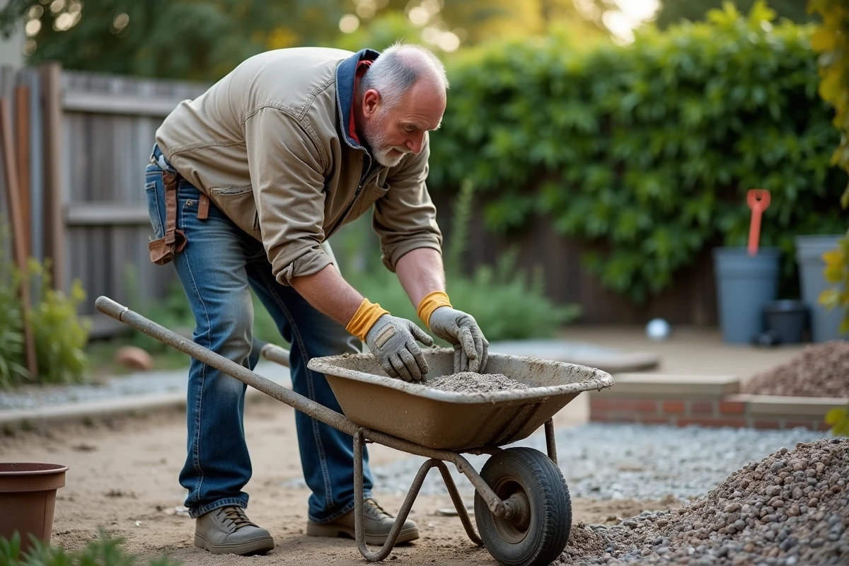 Homme en tenue de chantier verse du ciment dans une brouette