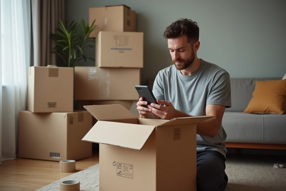Homme vérifiant sa checklist de déménagement sur smartphone entouré de cartons emballés