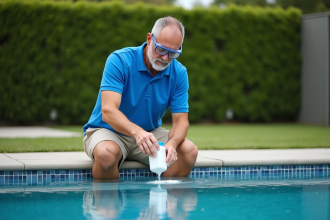 Homme versant du chlore dans une piscine de jardin