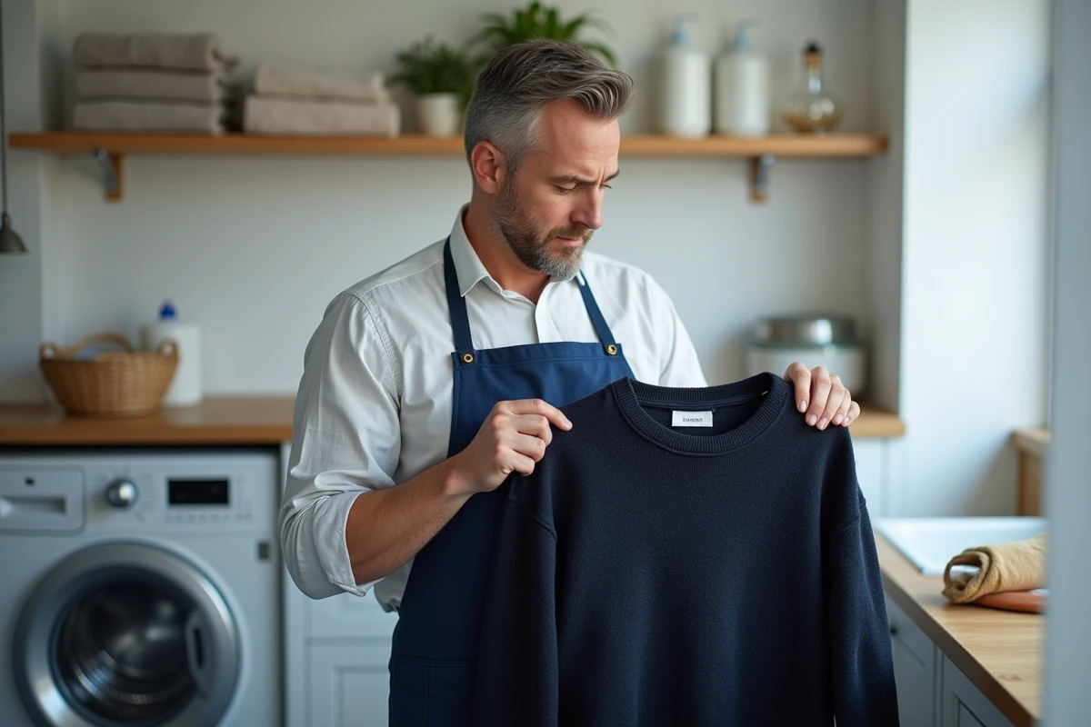 Homme consultant le pictogramme lessive sur l'étiquette d'un pull en laine devant un lave-linge ouvert