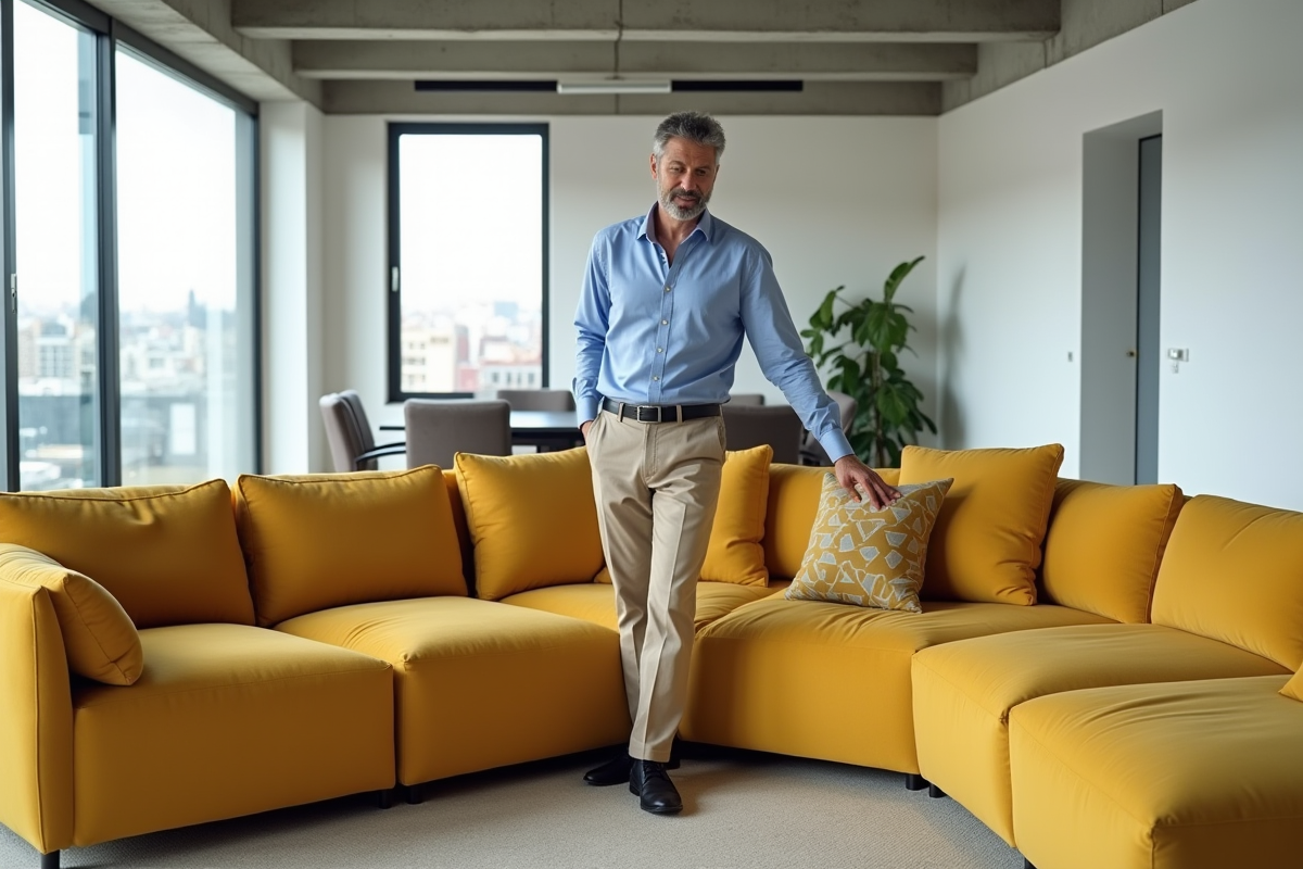 Homme arrangeant un coussin sur un sofa jaune dans un appartement lumineux