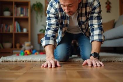 Homme d'âge moyen examine un parquet en bois dans un salon chaleureux