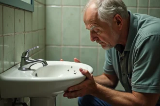 Homme d'âge moyen inspectant des mouches de drain dans sa salle de bain ancienne
