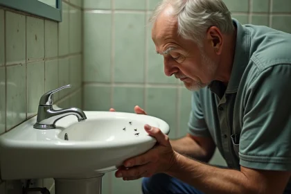 Homme d'âge moyen inspectant des mouches de drain dans sa salle de bain ancienne