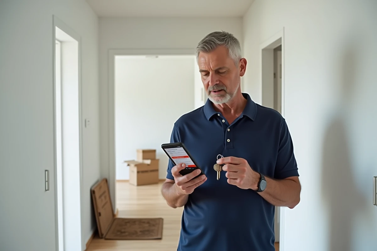 Homme contactant EDF via son smartphone lors de l'emménagement dans un nouvel appartement