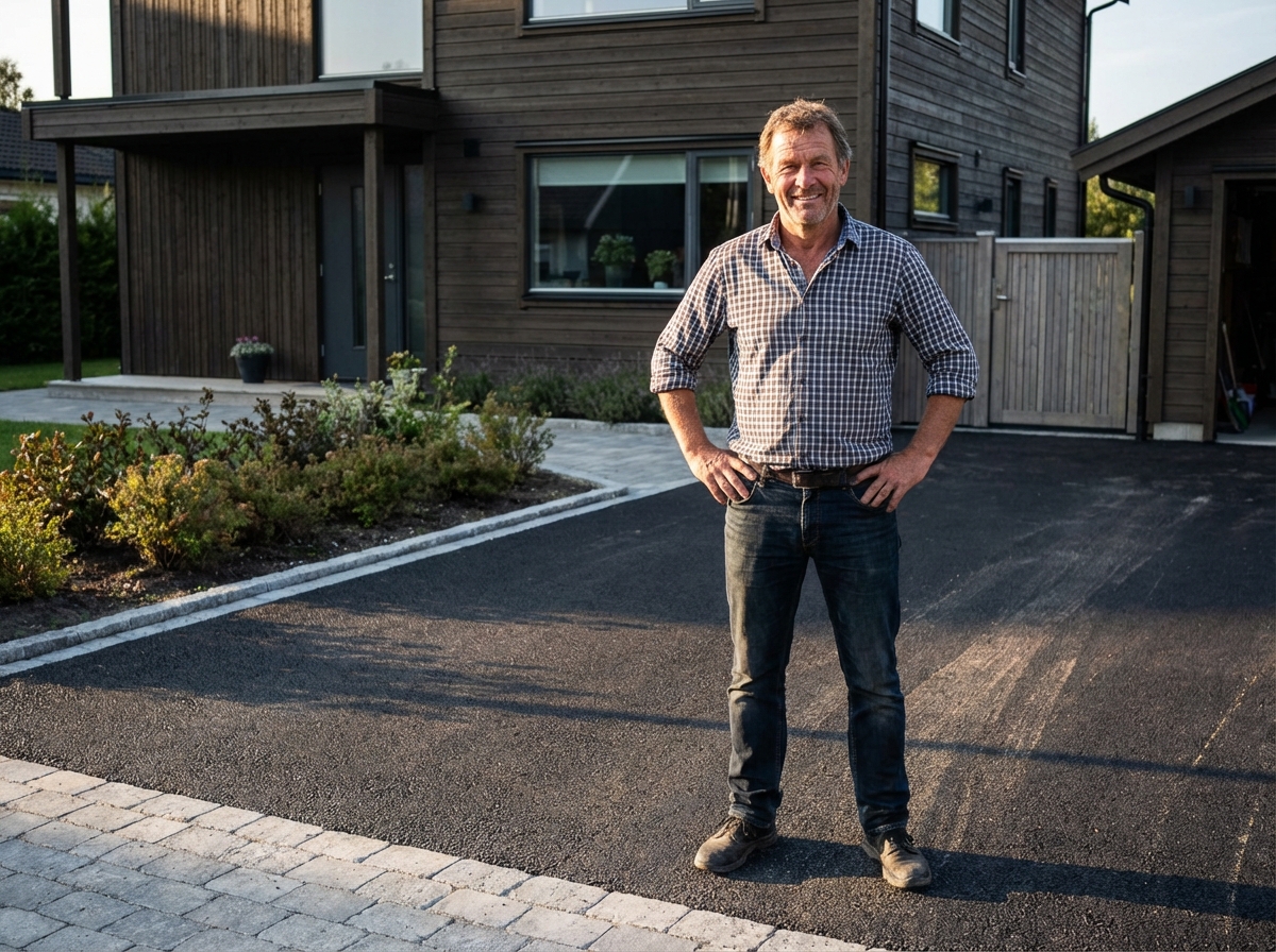 Homme d'âge moyen debout fièrement sur une courbitumineuse neuve