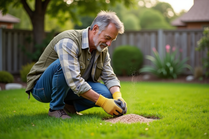 Homme d'âge moyen en tenue de jardinage épandant du fertilisant naturel