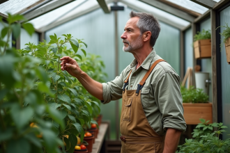 Homme d'âge moyen inspectant une serre de jardinage