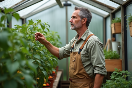 Homme d'âge moyen inspectant une serre de jardinage