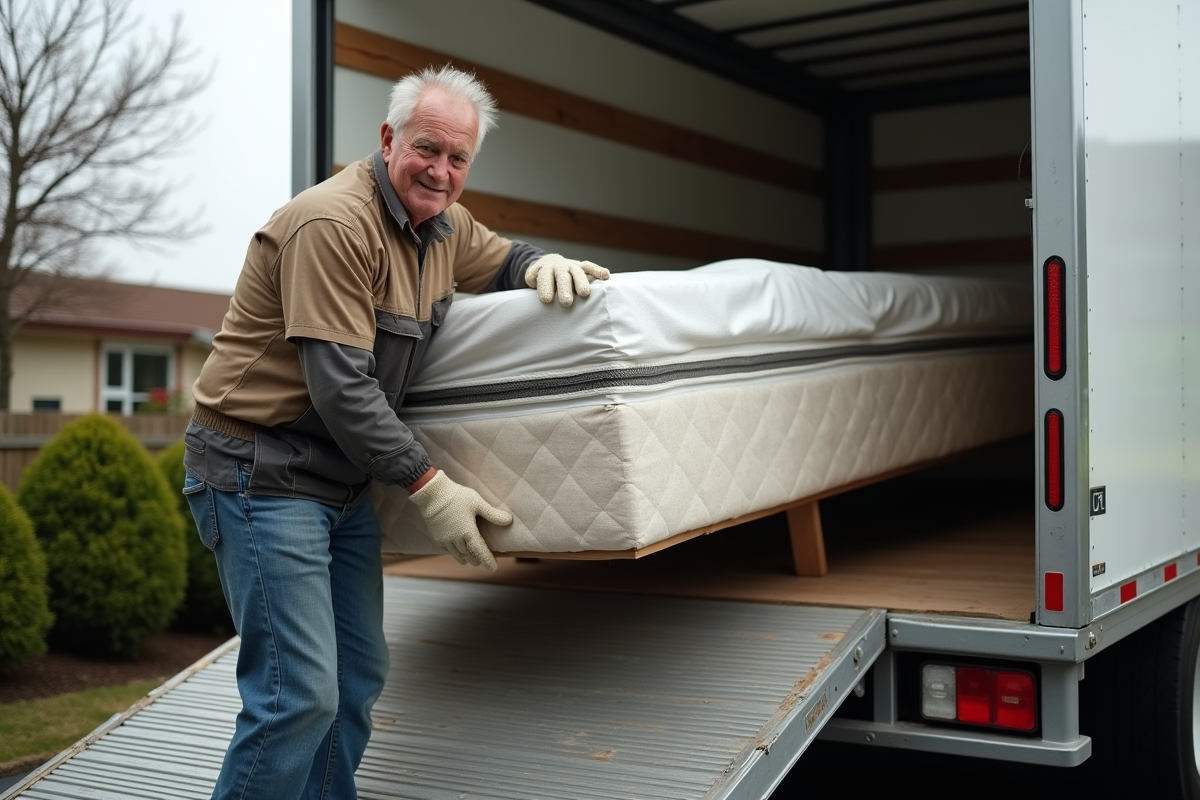 Homme âgé chargeant un matelas dans un camion de déménagement