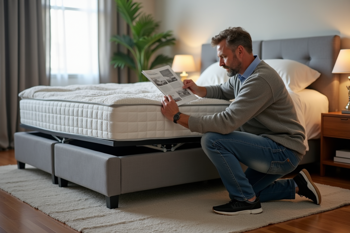 Homme d'âge moyen vérifiant un lit avec mécanisme gaz lift dans une chambre moderne