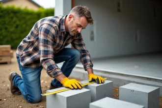 Homme en travail extérieur mesurant un parpaing gris