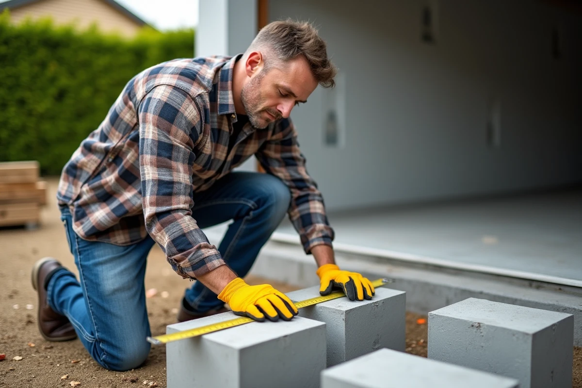 Homme en travail extérieur mesurant un parpaing gris