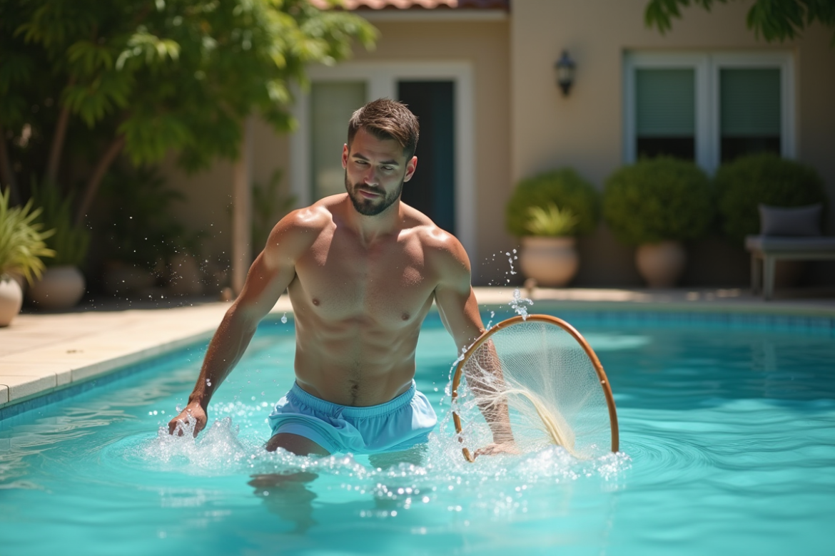 Homme en maillot léger nettoyant la piscine en été