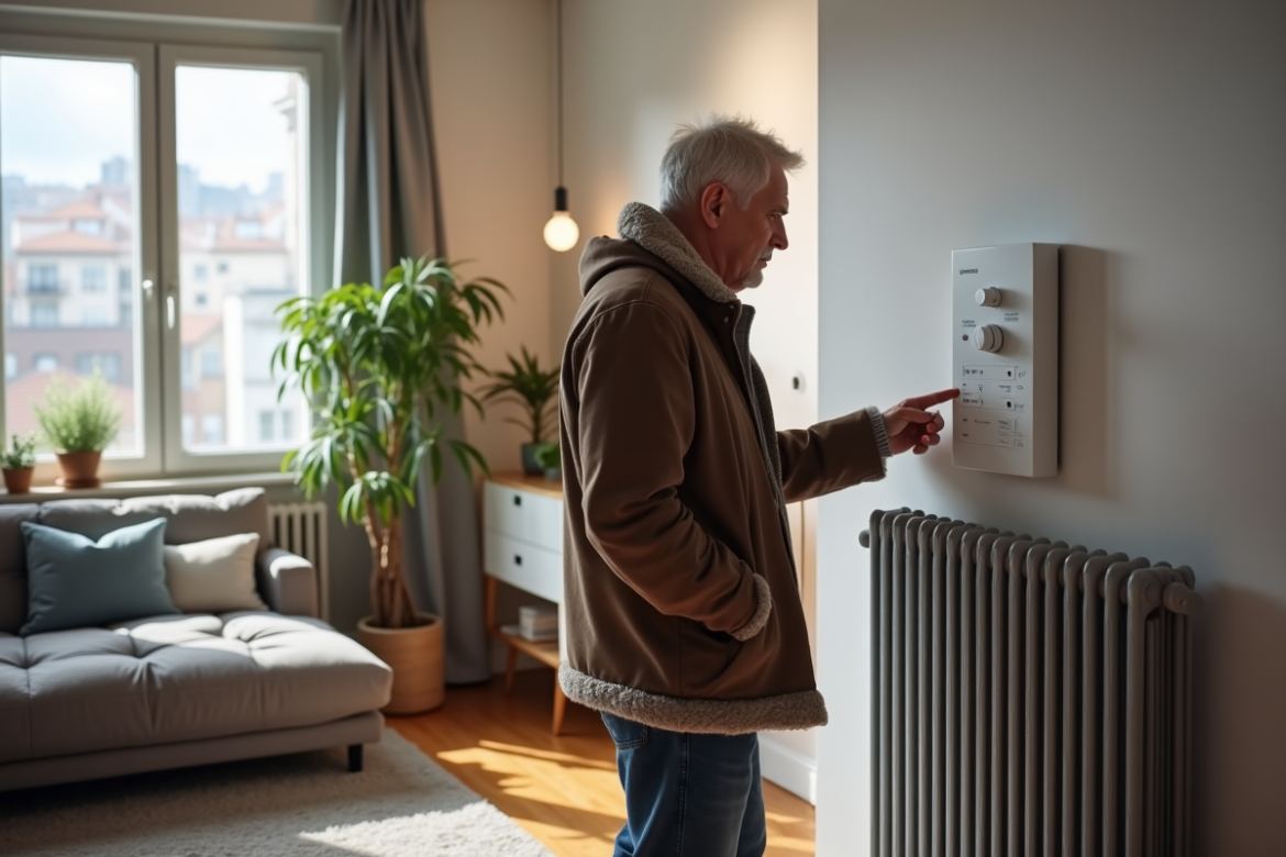 Homme d'âge moyen devant un radiateur moderne en intérieur