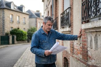 Homme d'âge moyen étudie plans de rénovation devant une maison ancienne
