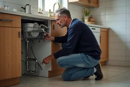 Homme d'âge moyen examine le tuyau d'évacuation sous l'évier