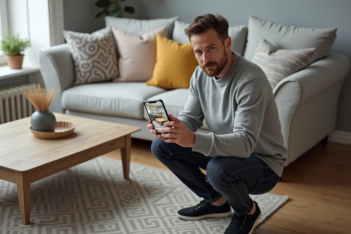 Homme comparant le résultat de sa décoration intérieure sur une application smartphone devant un salon aménagé avec canapé gris et tapis géométrique