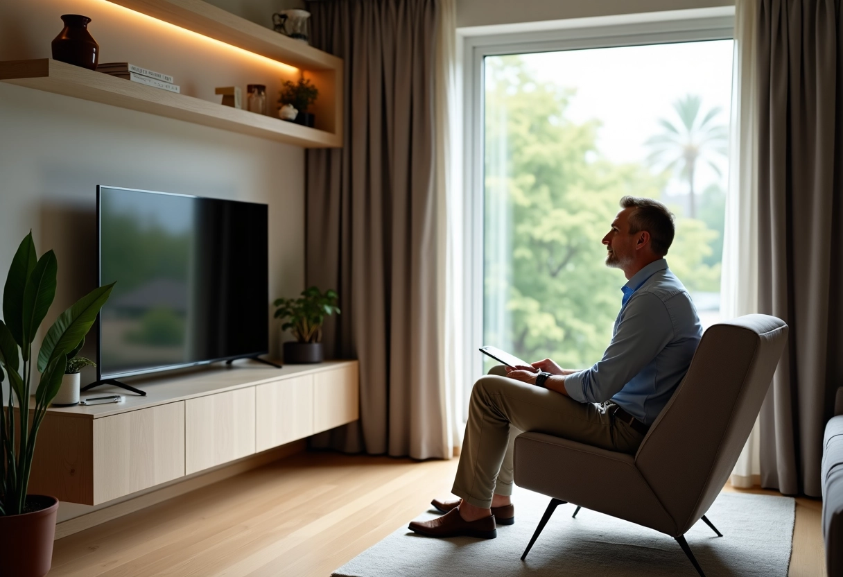 Homme regardant la télévision dans un salon lumineux