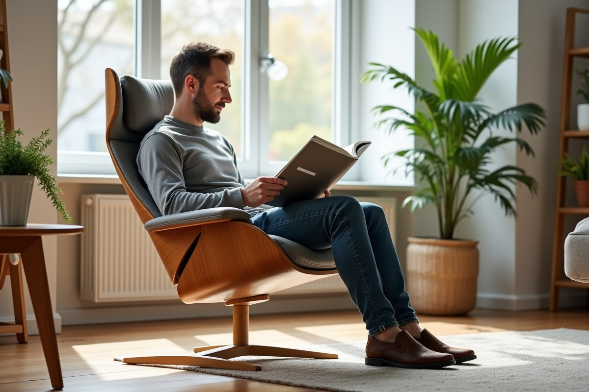 Homme lisant un magazine dans un salon lumineux et moderne