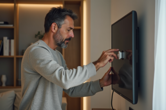 Homme d'âge moyen éteignant la télévision dans un salon moderne