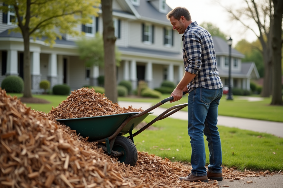 Homme en jeans et chemise à carreaux près de bois chips