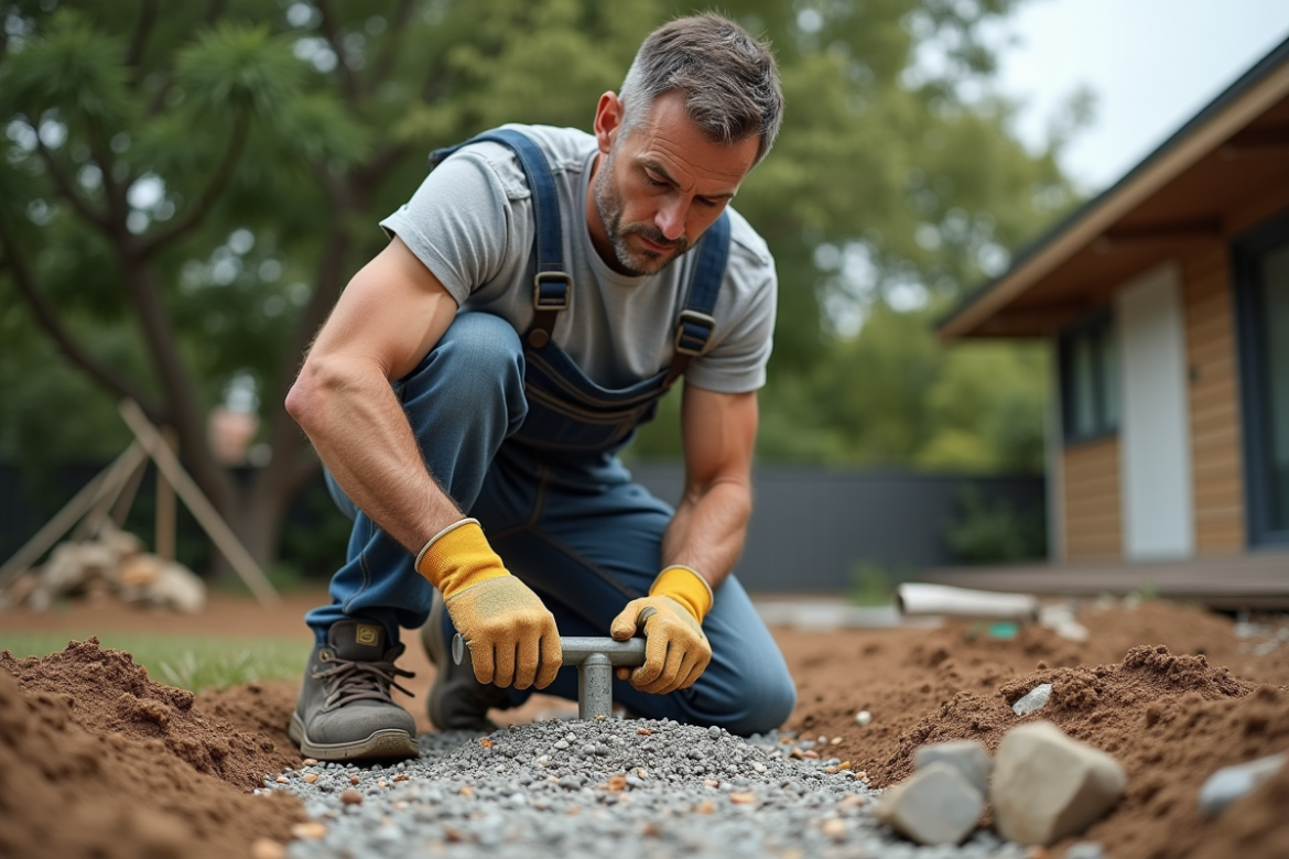 Homme en tenue de chantier compactant le sol pour une terrasse